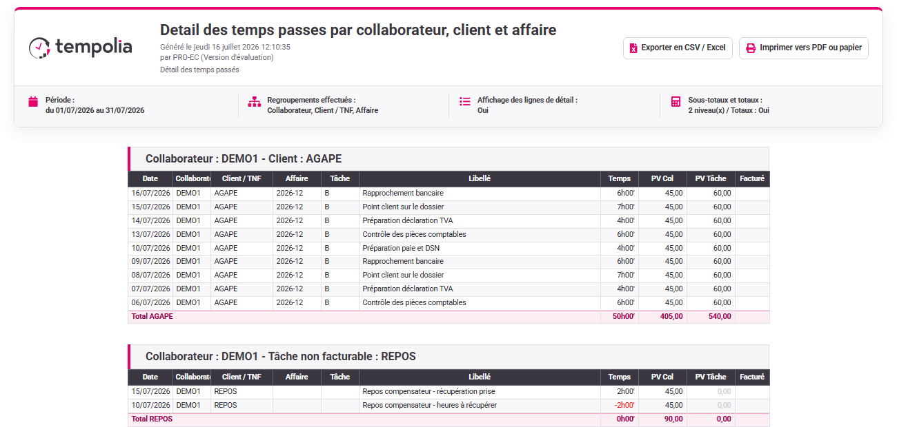 Rapport Tempolia détaillant les temps par collaborateur, client et affaire