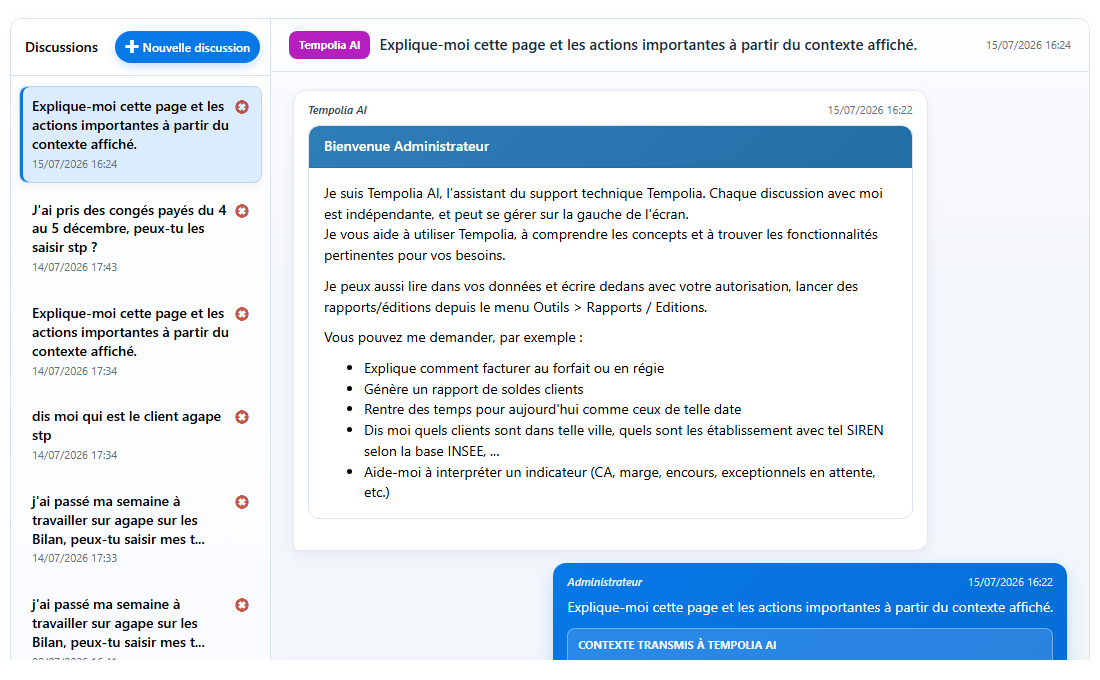 Interface de conversation Tempolia AI connectée aux données de gestion par MCP