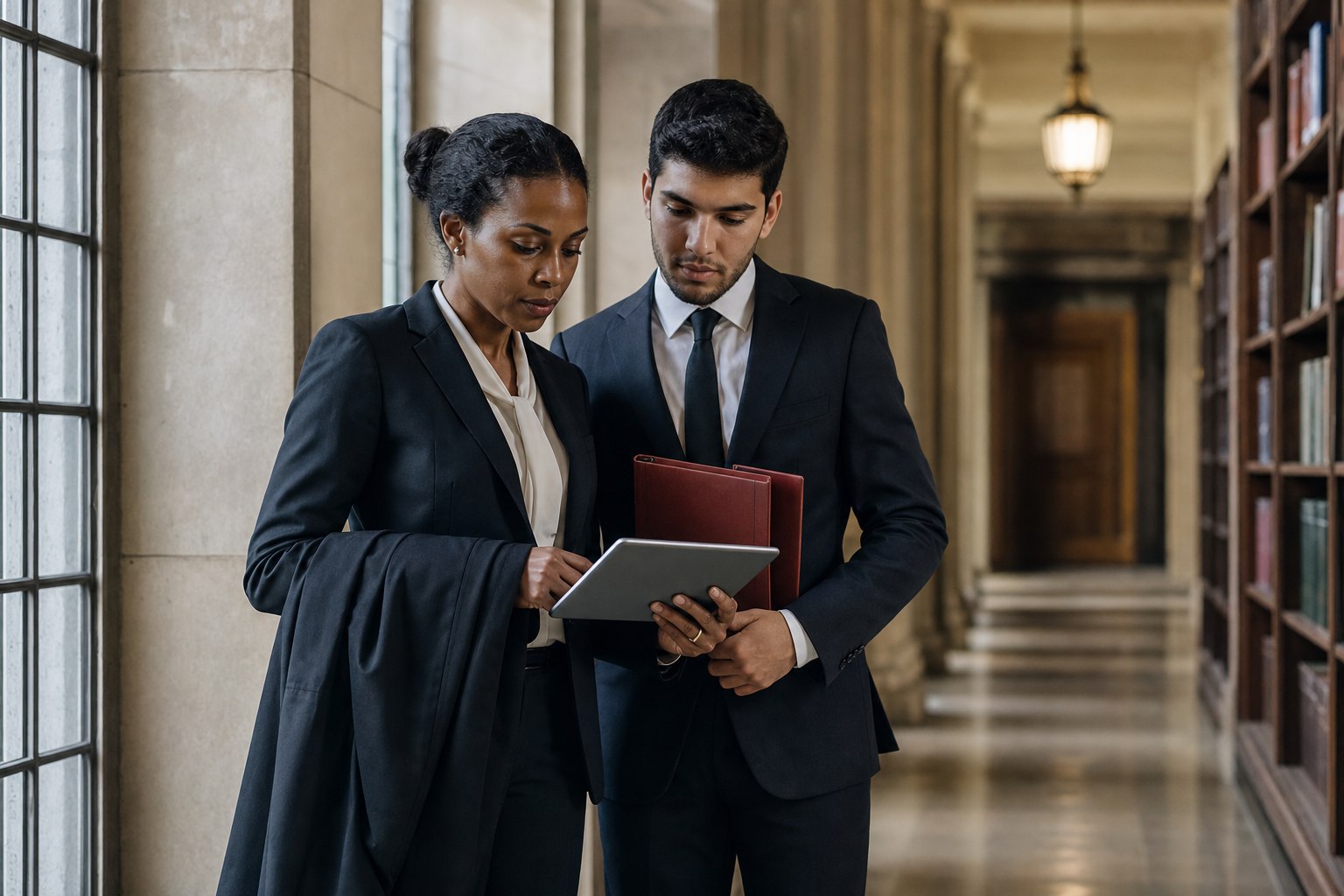 Deux avocats vérifient une facture électronique sur tablette dans un couloir de bibliothèque juridique.