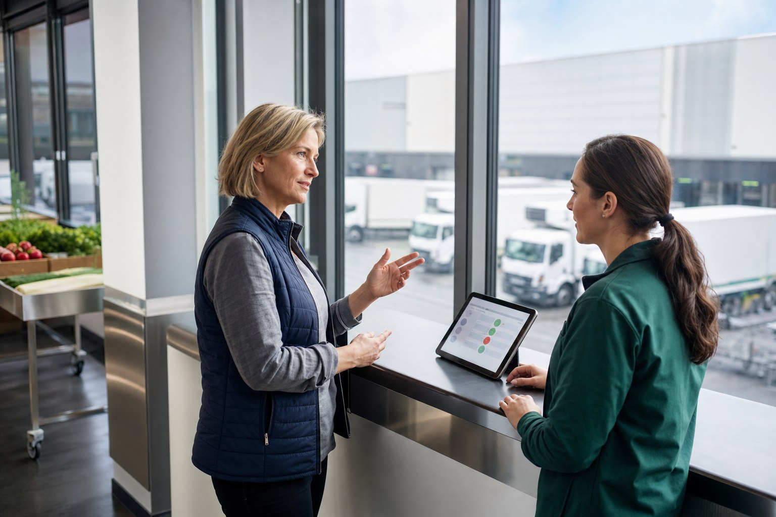 Deux responsables opérationnelles échangent sur leurs priorités dans une entreprise de distribution, avec une tablette à proximité.