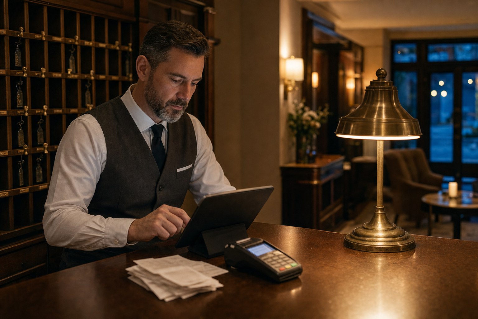 Un responsable hôtelier rapproche les reçus de cartes avec les opérations importées sur une tablette.