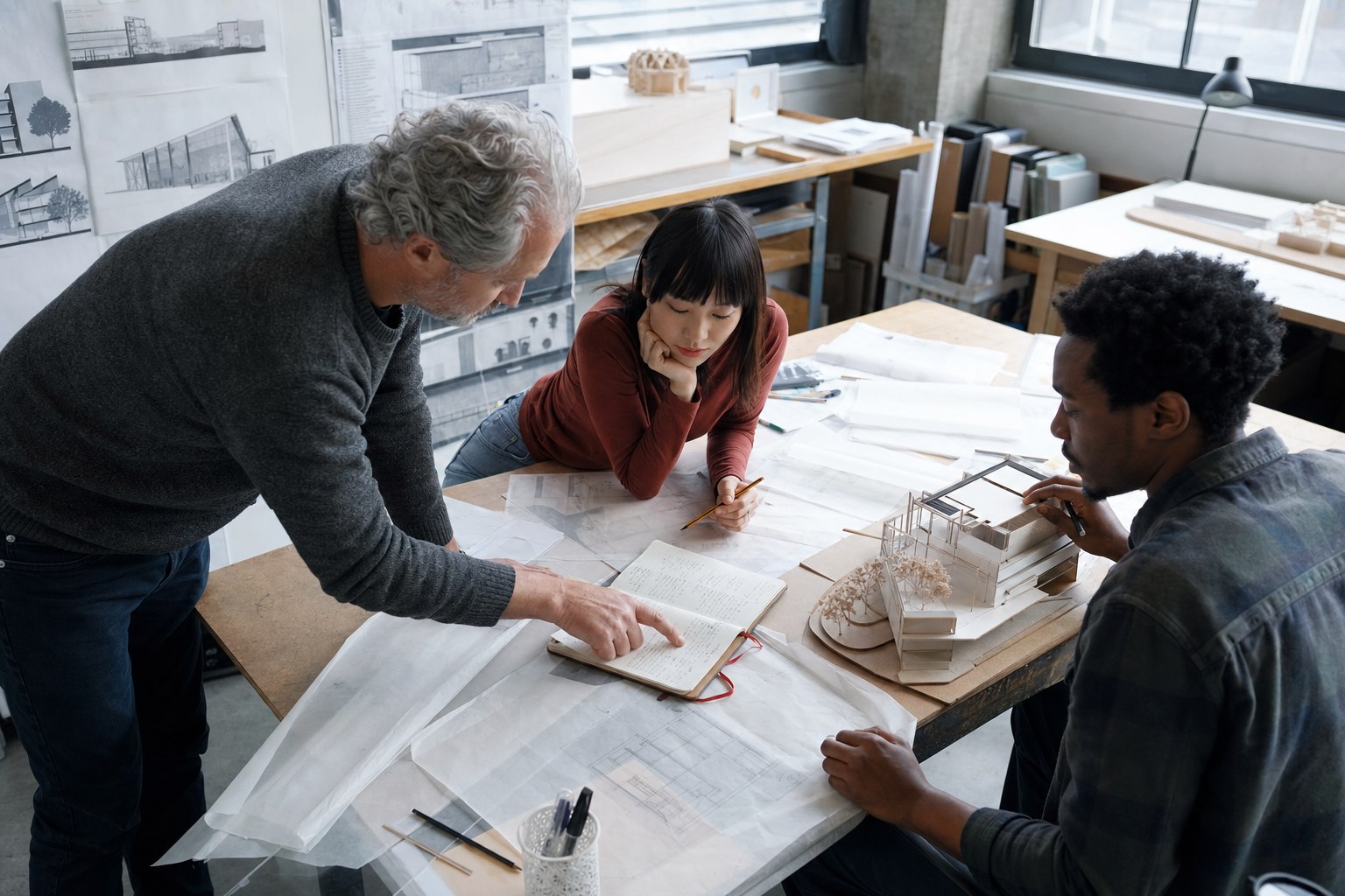 Trois architectes comparent un relevé de temps avec les plans et la maquette de leur projet.