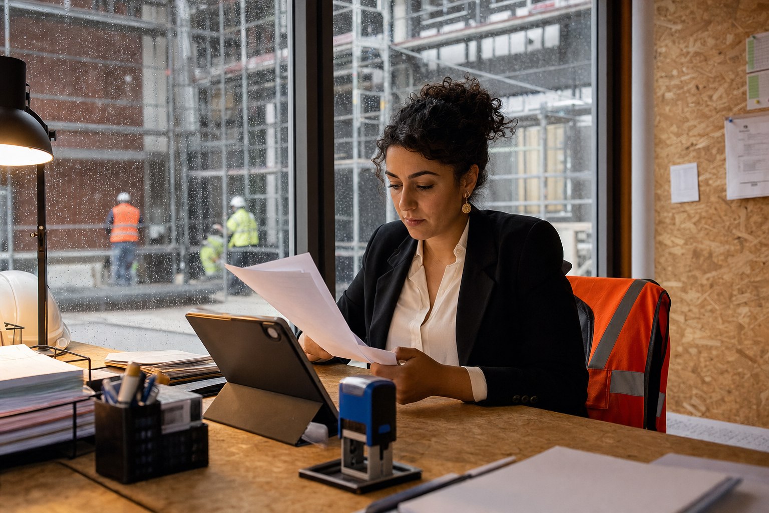 Une responsable administrative contrôle une facture fournisseur sur tablette dans un bureau de chantier.