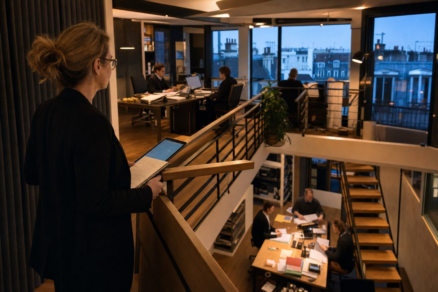 Une associée observe la charge des équipes depuis la mezzanine d’un cabinet au crépuscule.