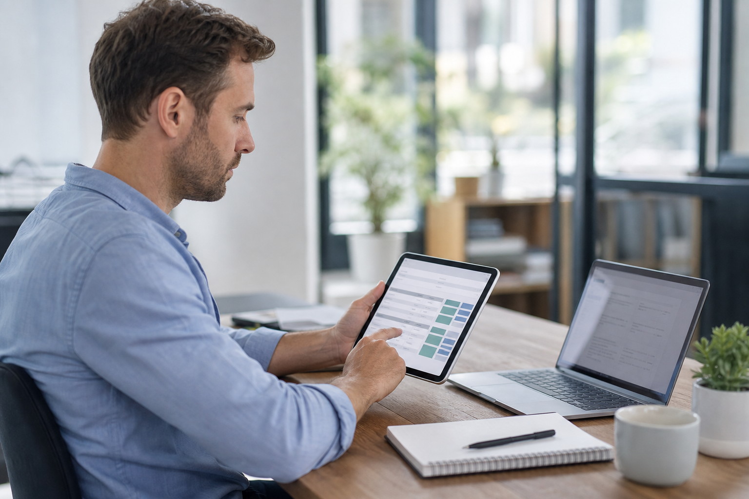 Saisie des temps sur une tablette à côté d’un ordinateur portable dans un bureau.