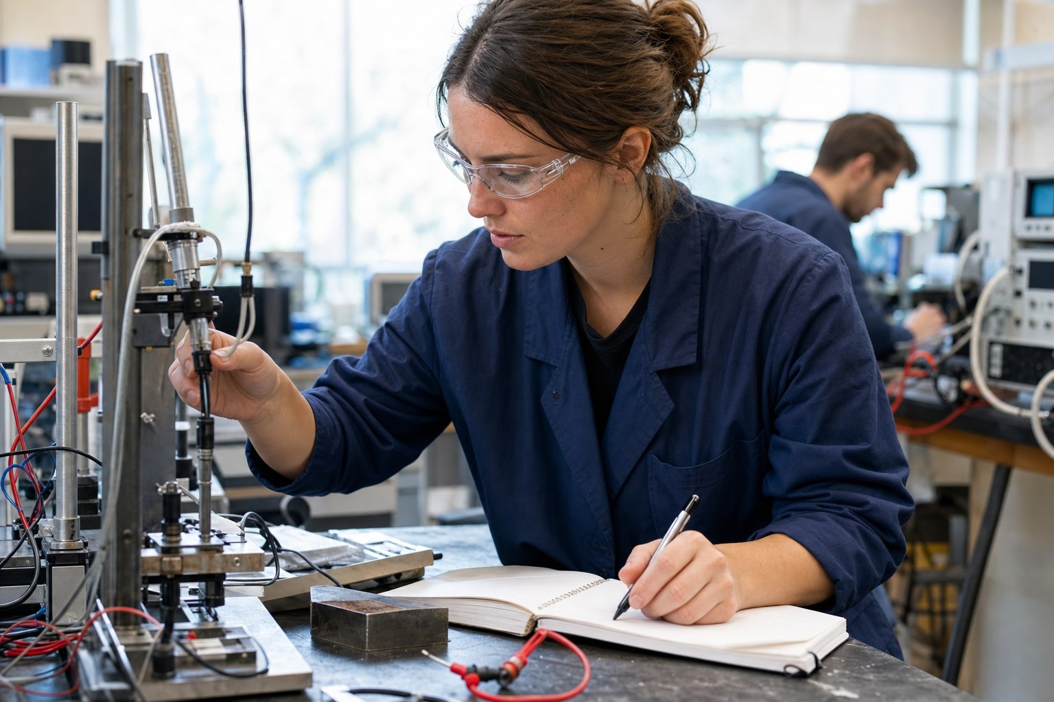 Ingénieure consignant une observation pendant l’essai d’un prototype en laboratoire