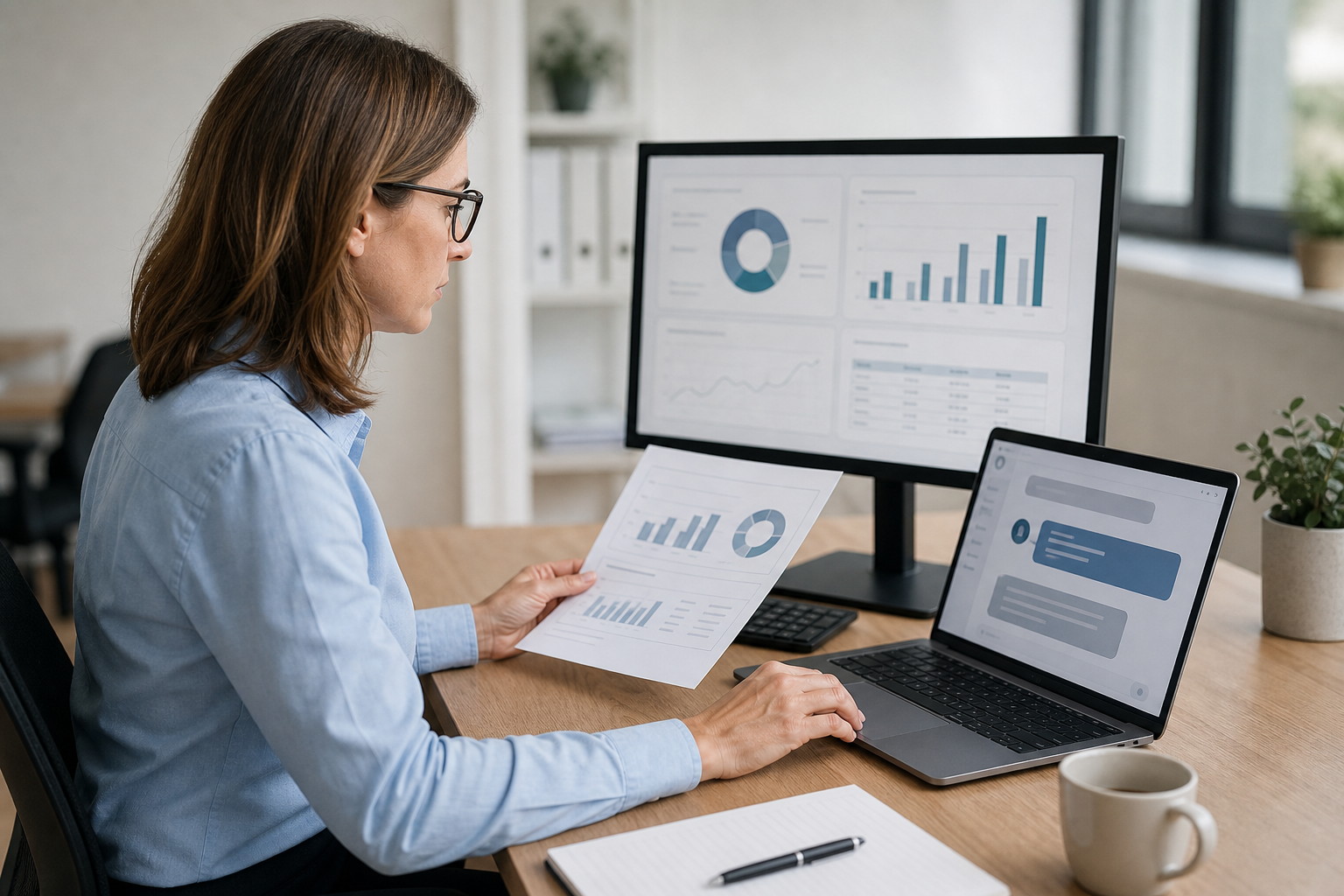 Responsable comparant dans un bureau une réponse assistée par l’IA avec les données sources.