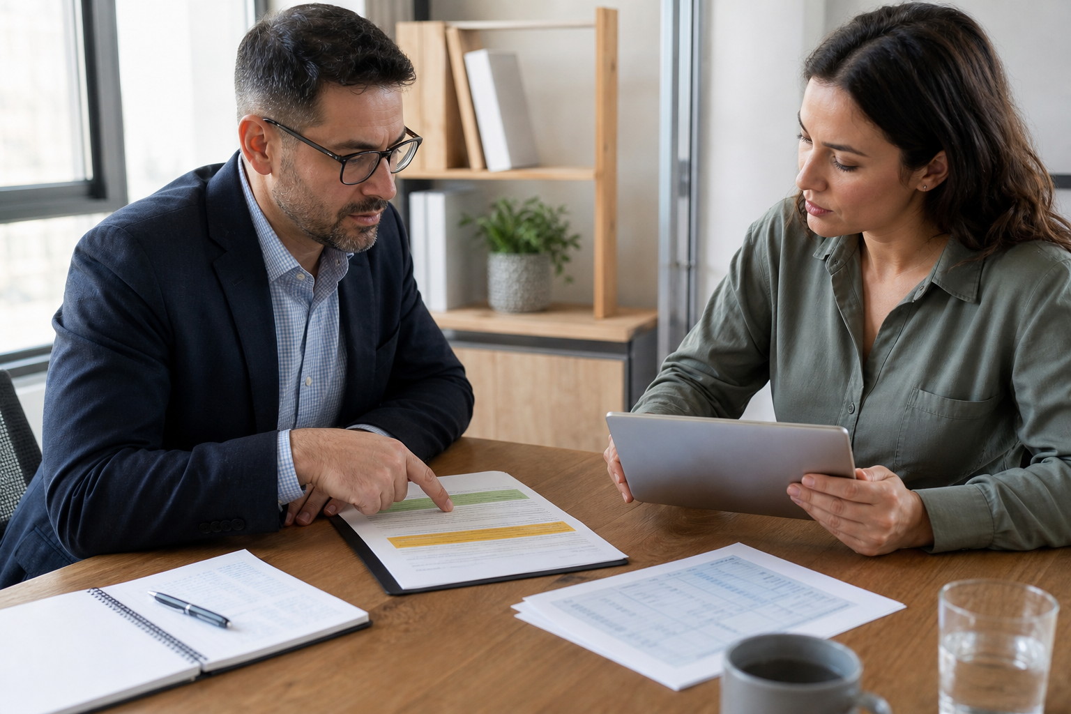 Deux professionnels comparent dans un bureau le périmètre initial et une demande de travail complémentaire.