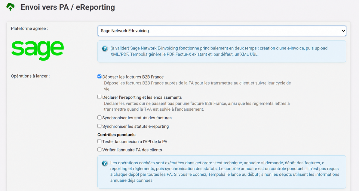 Écran Tempolia Envoi vers PA et eReporting avec Sage Network E-Invoicing et les opérations à lancer